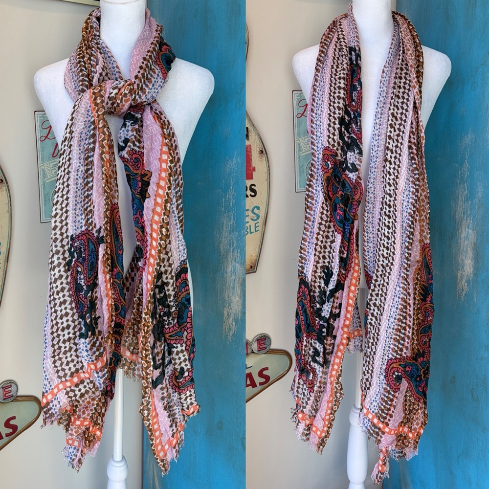 J. Crew Paisley Striped Pattern Colorful Artsy Lightweight Scarf